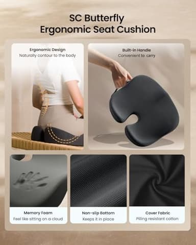 ProtoArc Seat Cushion, Office Chair Cushion for Sciatica, Coccyx Cushion, Ergonomic Memory Foam Seat Cushion for Car, Home, Pressure Relief Pad for Hip, Tailbone, All Day Comfort - Black - Image 7