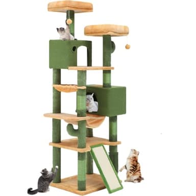 YITAHOME 76in Tall Cactus Cat Tree Tower with Self-Grooming Brush, Cute Cat Climbing Tower for Indoor Cats with Cat Condo, Plush Platform, Hammock, Sisal Scratching Posts, Dangling Ball - Image 1