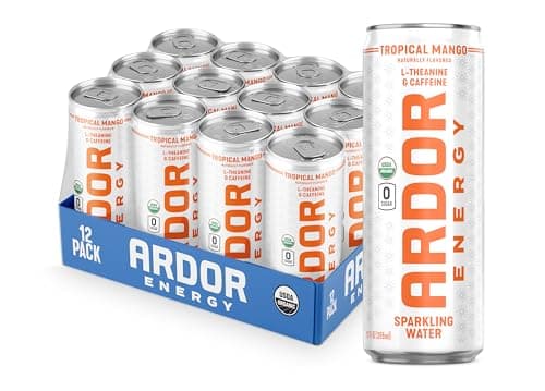 ARDOR ENERGY Sparkling Water with 100mg Natural Caffeine & 200mg L-Theanine from Organic Green Tea for Smooth Energy & Focus | Healthy Energy Drink | No Sugar, Zero Calories, Vegan, Gluten-Free | Tropical Mango (Pack of 12, 12oz cans) - Image 1