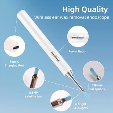 Ear Wax Removal, Earwax Remover Tool with 8 Pcs Ear Set, Ear Cleaner with Camera, Earwax Removal Kit with Light, Ear Camera with 4 Ear Spoon, Ear Cleanning Kit for iOS & Android (White) - Image 5