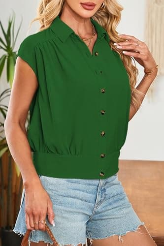 Cakulo Womens Summer Short Sleeve Button Down Shirts 2025 Dressy Casual Polo V Neck Collared Blouses Tops Green S - Image 3