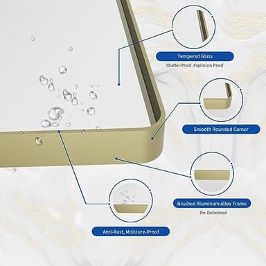 WEER Gold Bathroom Mirror, 50X30 Inch Brushed Gold Metal Frame Mirror, Rounded Rectangle Gold Bathroom Vanity Mirror for Wall, Tempered Glass, Anti-Rust, Hangs Horizontally or Vertically - Image 3