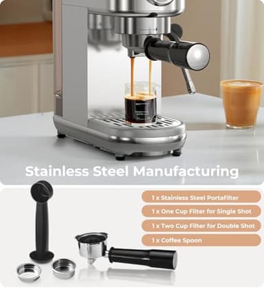 Espresso Machine with Milk Frother, 20 Bar High Pressure Professional Espresso Maker Automatic, Compact Stainless Steel Coffee Machine for Cappuccino, Latte, Gift for Coffee Lover, Dad or Mom, Silver - Image 7