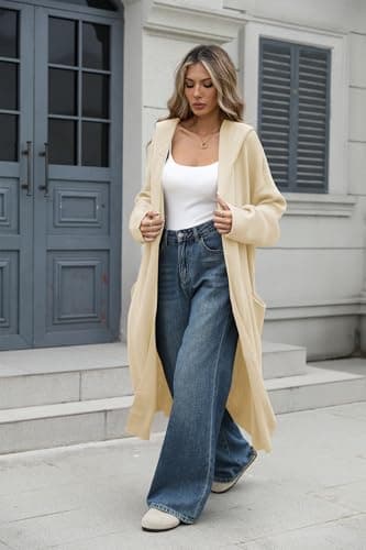 Cakulo Womens Hooded Oversized Long Cardigan Sweaters Fall Duster Cardigans Open Front Coatigan 2025 Apricot XL - Image 2