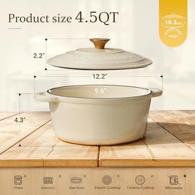 Overmont Enameled Cast Iron Dutch Oven - 4.5QT Pot with Lid Cookbook & Cotton Potholders - Heavy-Duty Cookware for Braising, Stews, Roasting, Bread Baking white - Image 6