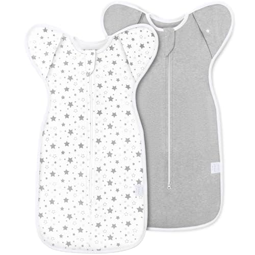 ANYEDDE 2-Pack Baby Transitional Swaddle Sleep Sack - Arms Up Transitional Swaddles with Removable Cuffs & 2-Way Zipper, Gray Stars Design, Breathable Cotton Sleep Sack (6-9 Month) - Image 1