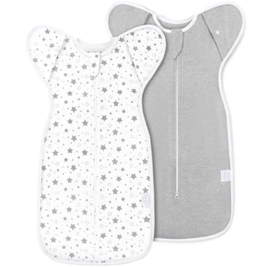 ANYEDDE 2-Pack Baby Transitional Swaddle Sleep Sack - Arms Up Transitional Swaddles with Removable Cuffs & 2-Way Zipper, Gray Stars Design, Breathable Cotton Sleep Sack (6-9 Month) - Image 1
