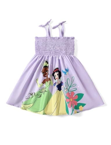 Disney Princess Tiana Snow White Toddler Girl Dress Bow Strap Floral Summer Clothes Smocking Beach Holiday Girls Sundress Lilac 4-5T - Image 1