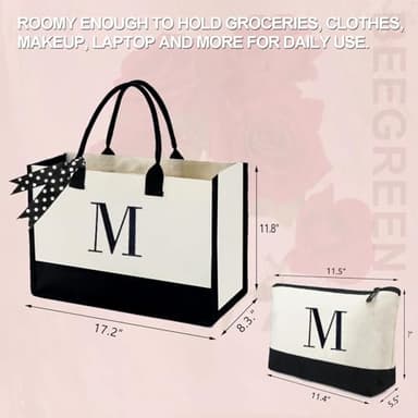 BeeGreen Personalized-Gifts-Bag-for Women Mother Hostess Friends Birthday Wedding Bridesmaid Valentine's Day Initial Canvas Tote Bag with Comestic Bag Monogram Tote Bags Letter P - Image 2