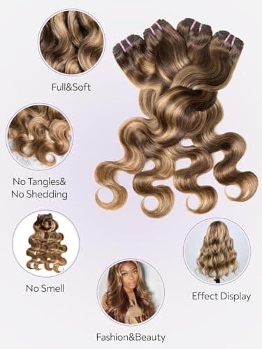 Brown Highlight Body Wave Bundles Human Hair 22 24 26 28 inch 4 Bundles Ombre Blonde Bundles Human Hair Extensions Natural Brazilian Virgin Unprocessed Human Hair - Image 6