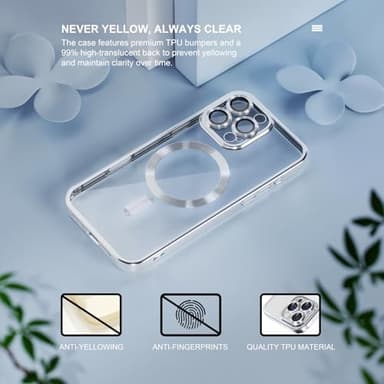 Misea Magnetic for iPhone 16 Pro Case Compatible with MagSafe [Never Yellowing] [Military Grade Drop Protection] Full Camera Lens Protector Plating Soft Clear Phone Case for Women 6.3", Silver - Image 3