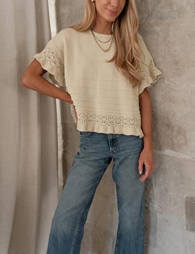 Yeokou Womens Short Sleeve Sweater Round Neck Ruffled Hem Knit Crochet Pullover Summer Fall Casual Top Blouse(Khaki-M) - Image 2