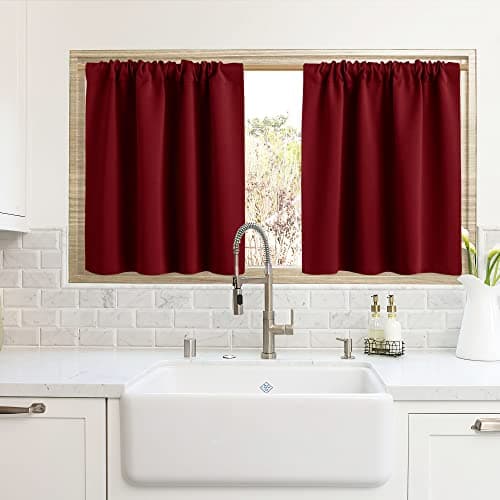 RYB HOME Blackout Curtains for Kitchen, Over Sink Privacy Curtains Window Decor, Thermal Insulating Drapes for Bathroom Cafe Bedroom Small Window, W 42 x L 24 inch, Burgunday Red, 2 Panels - Image 1