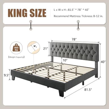 iPormis Upholstered King Size Bed Frame with Button Tufted Headboard, Linen Platform Bed with Thickened Support Legs, Noise-Free/No Box Spring Needed/Easy Assembly, Dark Grey - Image 2