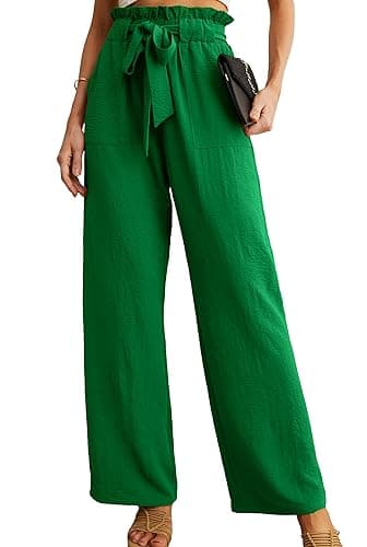 IWOLLENCE Women's Wide Leg Pants with Pockets High Waist Adjustable Knot Loose Casual Trousers Business Work Casual Pants Dark Green XX-Large - Image 1