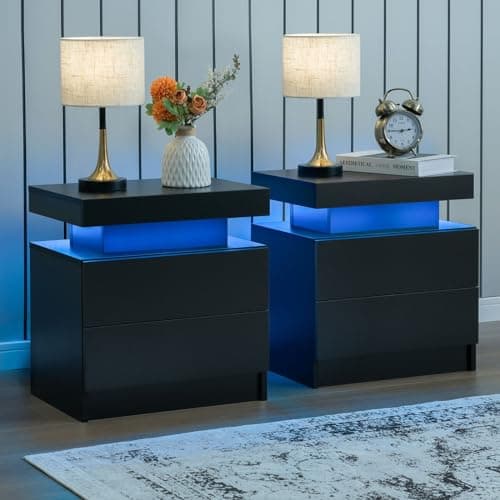 i-aplus Nightstand Set of 2 LED Nightstand with 2 Drawers, Bedside Table with Drawers for Bedroom, Side Bed Table with LED Light, Black - Image 1