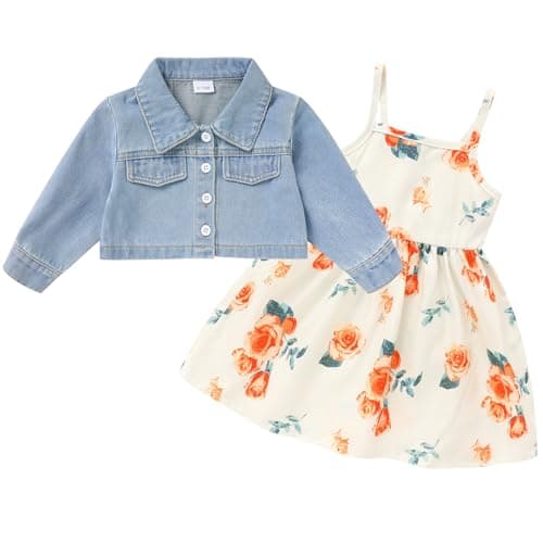Baby Girls Floral Suspender Dress & Long-Sleeved Toddler Girl's Lovely Denim Jacket Outfit Cardigan Set(Orange,2-3T) - Image 1