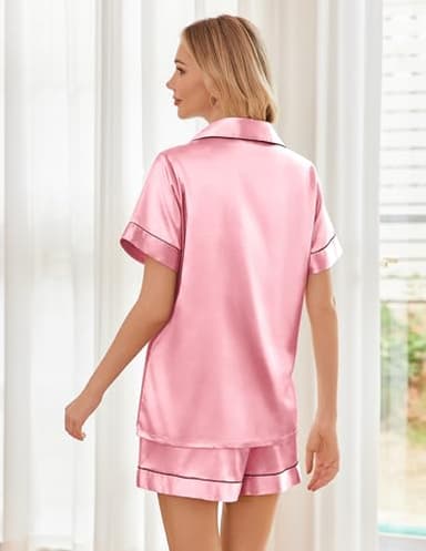 Ekouaer Womens Pajamas Silk Satin PJ Sets Summer Short Sleeve Button Down Sleepwear Top and Shorts Nightwear Lounge Set,Pink,S - Image 2