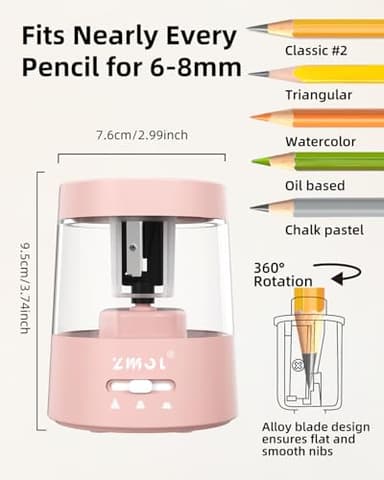 ZMOL Electric Pencil Sharpener,Portable Small Battery Powered Pencil Sharpeners for Kids,Electric Pencil Sharpener Battery Operated,Suitable for No.2/Colored Pencils(6-8mm) Pink - Image 2