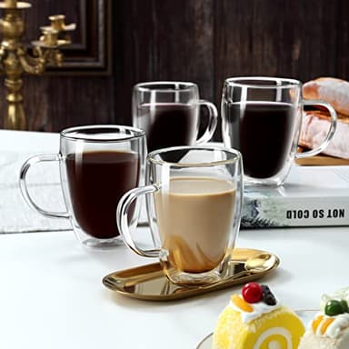 4-Pack 12 Oz Double Walled Glass Coffee Mugs with Handle, Insulated Layer Coffee Cups, Clear Borosilicate Glass Mugs, Gift for Cappuccino,Tea,Latte,Espresso,Hot Beverage,Wine, Microwave Safe, Set of 4 - Image 7
