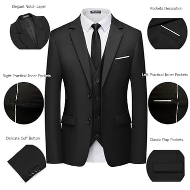 WULFUL Men's 3 Piece Slim Fit Suit Set Two Button Blazer Jacket Vest Pants Tuxedo Set for Party, Wedding and Business Black - Image 4