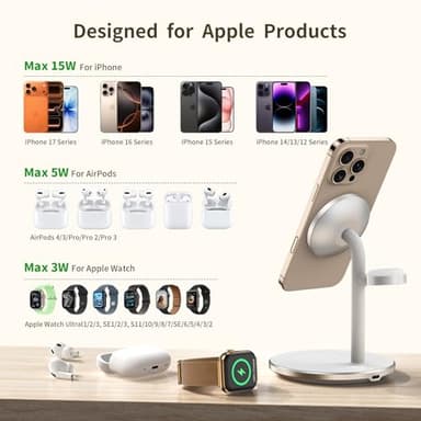 XooFly 3 in 1 Wireless Charging Station for Apple Devices, 15W Fast Wireless Mag-Safe Charger Stand with 20W Adapter for iPhone 17 16 15 14 13 12 Pro Max/Air/Plus/Pro/Mini,iWatch,AirPods (White) - Image 6