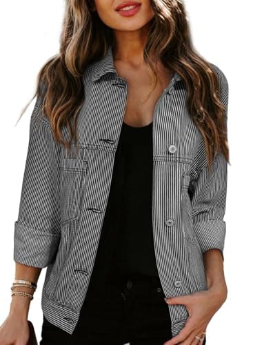 Sidefeel Women's Jean Jackets Casual Long Sleeve 2025 Spring Outfits Zimbaplatinum Denim Jacket Blue Stripe X-Large - Image 1