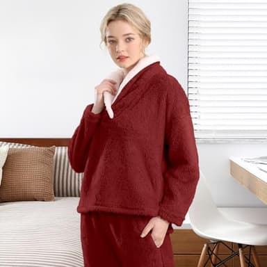 BOSECETA Fluffy Pajamas Set for Women Soft Comfy Fleece Pjs Pullover Pants Loose Plush Sleepwear Fuzzy Loungewear for Winter (Wine red,Medium) - Image 6