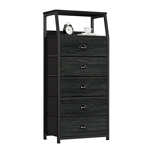Furnulem Black Dresser with 5 Drawers, Vertical Storage Tower Fabric Dresser for Bedroom, Hallway, Entryway, Nursery, Closet Organizer, Nightstand Bedside Table Furniture, Sturdy Steel Frame, Wood Top - Image 1