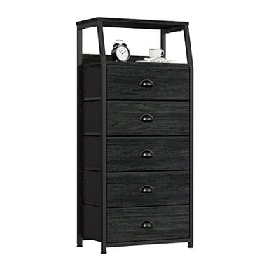Furnulem Black Dresser with 5 Drawers, Vertical Storage Tower Fabric Dresser for Bedroom, Hallway, Entryway, Nursery, Closet Organizer, Nightstand Bedside Table Furniture, Sturdy Steel Frame, Wood Top - Image 1