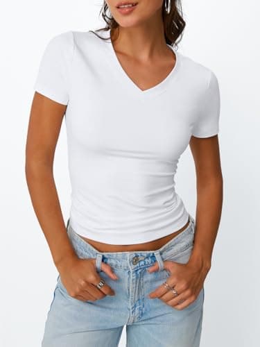 Trendy Queen Womens Basic V Neck Short Sleeve T Shirts Slim Fit Crop Y2k Tee 2025 Summer Cute Gym Fashion Clothes White L - Image 2