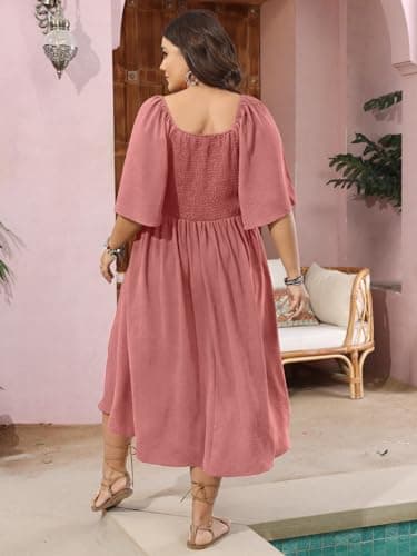 SCOMCHIC Plus Size Summer Dress Casual Short Sleeve Bow Tie Deep V Neck Smocked Button Down Midi Flowy A-line Boho Dresses Pink - Image 6