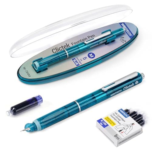 WRITECH Clictek Fountain Pen Set: Retractable Style Blue Ink Medium Nib Transparent Barrel, Includes 5 Ink Cartridges for Gift Set, Smooth Writing No Leaking - Image 1
