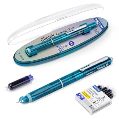 WRITECH Clictek Fountain Pen Set: Retractable Style Blue Ink Medium Nib Transparent Barrel, Includes 5 Ink Cartridges for Gift Set, Smooth Writing No Leaking - Image 1