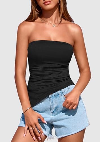 PRETTYGARDEN Womens Tube Top 2025 Summer Trendy Strapless Tops Going Out Outfits Ruched Asymmetrical Bandeau Shirts (Black,Small) - Image 6