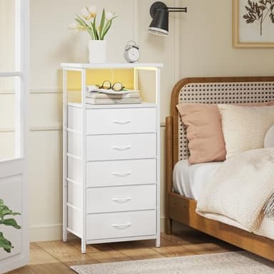 Fixwal Tall Nightstand with Charging Station and LED Lights, Night Stand with PU Finish Fabric Storage Drawers, 5 Drawer Dresser, White - Image 2