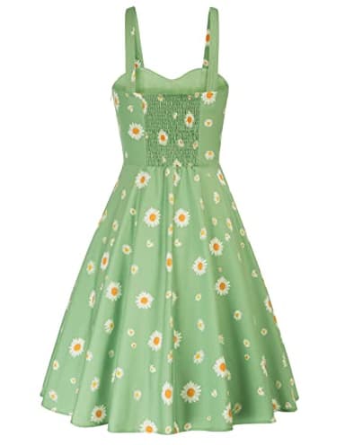 Women's Vintage Summer Floral Sage Green Dress Sleeveless Ruched A Line Flare Dresses Beach Sundresses Daisy Dress M - Image 2