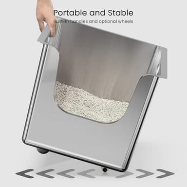 Stainless Steel Litter Box 13.7'' High Sides, XL Metal Cat Litter Box with Curved Low Entry, Cat Litter Pan for Big & Multiple Cats, Pet Toliet with Handy Wheels for Easy Moving - Image 5