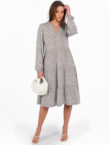 ANRABESS Long Sleeve Midi Dresses for Women V Neck 2025 Fall Fashion Casual Loose Fit Flowy Swing Tiered Vacation Boho Dress Khaki Polka Dot Medium - Image 4