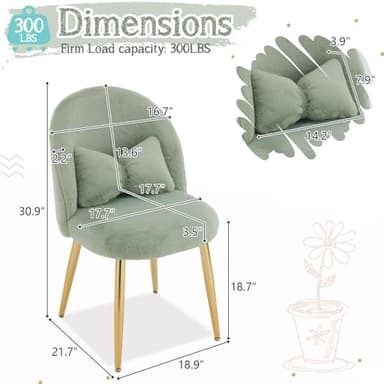 VINGLI Fluffy Girls Vanity Chair with Back & Pillow,Cute Small Cozy Desk Chair No Wheels,Comfy Makeup Ch with Ajustable Gold Legs,for Bedroom,Living Room,Small Space,Green - Image 2