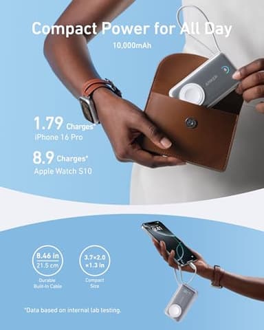 Anker MagGo Power Bank for Apple Watch, Officially Certified 10,000mAh Compact Battery Pack with Built-in USB-C Cable, 35W Max, for iPhone 15 Series, Samsung, iPad, AirPods, and More(White) - Image 4