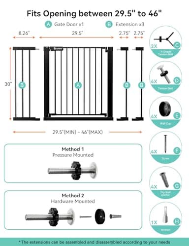 COMOMY 30" Tall Baby Gate for Stairs Doorways, Fits Openings 29.5" to 46" Wide, Auto Close Extra Wide Dog Gate for House, Pressure Mounted Easy Walk Through Pet Gate with Door, Black - Image 6