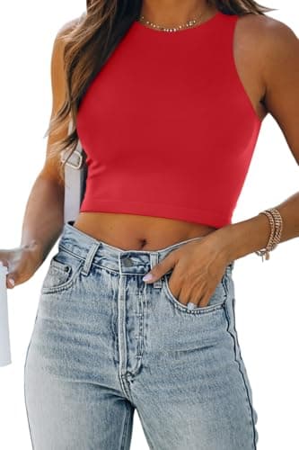 EFAN Womens Sexy Sleeveless High Neck Crop Tops Workout Cute Racerback Cropped Tank Tops Summer Clothes Teen Girls Red L - Image 1