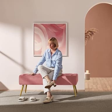 Yaheetech Modern Ottoman Bench Velvet Bench Upholstered Footrest for Living Room with Gold Metal Legs and Padded Seat Pink - Image 2