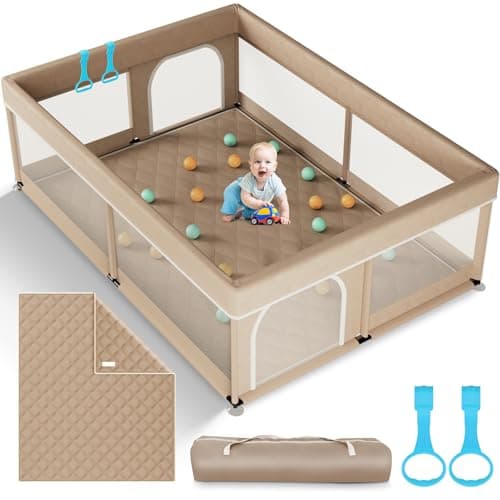 Omzer Baby Playpen with Mat 71"×59" - Extra Large Playpen for Babies and Toddlers with Mat Included, Safety Playard for Baby with Gate, All-Wrapped Soft Sponge Baby Gate Playpen with Stable Mat Velcro - Image 1