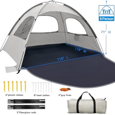 WhiteFang Beach Tent Anti-UV Portable Sun Shade Shelter for 8 Person, Extendable Floor with 3 Ventilating Mesh Windows Plus Carrying Bag, Stakes and Guy Lines (Baby's Breath) - Image 7