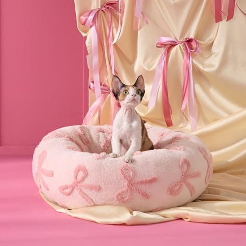 LE SURE Donut Cat Beds for Indoor Cats - Round Small Dog Bed Calming Pet Beds, Cute Modern Beds with Jacquard Shaggy Plush & Anti Slip Bottom, 20 Inch, Pink Taffy - Image 1