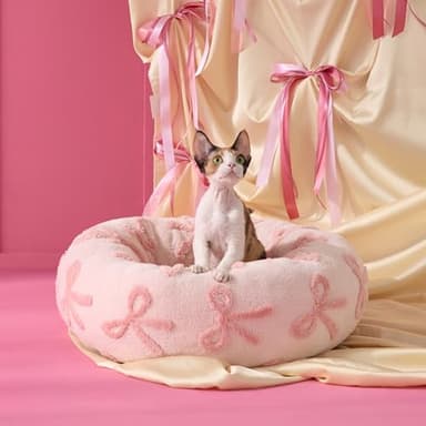 LE SURE Donut Cat Beds for Indoor Cats - Round Small Dog Bed Calming Pet Beds, Cute Modern Beds with Jacquard Shaggy Plush & Anti Slip Bottom, 20 Inch, Pink Taffy - Image 1