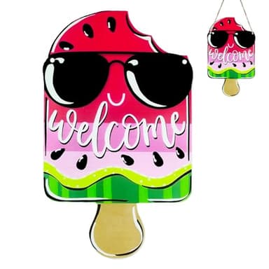 AOCEAN 1 Pcs Summer Watermelon Welcome Sign for Front Door 12 Inch Watermelon Popsicle Door Sign Pink Summer Door Hanger Wood Wreath Porch Decor Seasonal Farmhouse Indoor Wall Hanging Decoration - Image 1