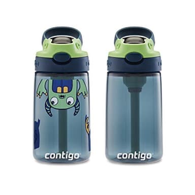 Contigo Aubrey Kids Cleanable Water Bottle with Silicone Straw and Spill-Proof Lid Blueberry & Monsters 14 Ounce 2-Pack - Image 1